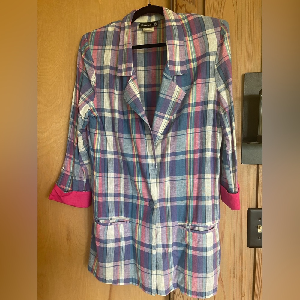 Vintage Women's Vibrant Madras Plaid Shorts Suit- Blue, Pink, White